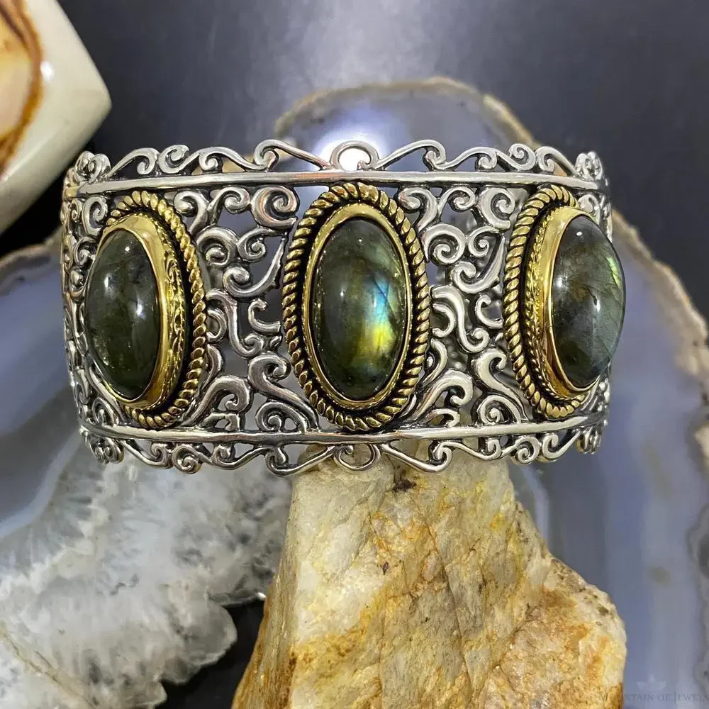 Carolyn Pollack Sterling Silver & Brass 3 Oval Labradorite Decorated Bracelet